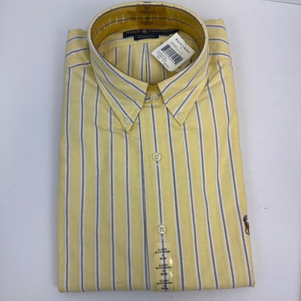 Ralph Lauren Mens Classic Fit Striped Oxford Shirt Yellow Blue 17 32/33 Pony NWT